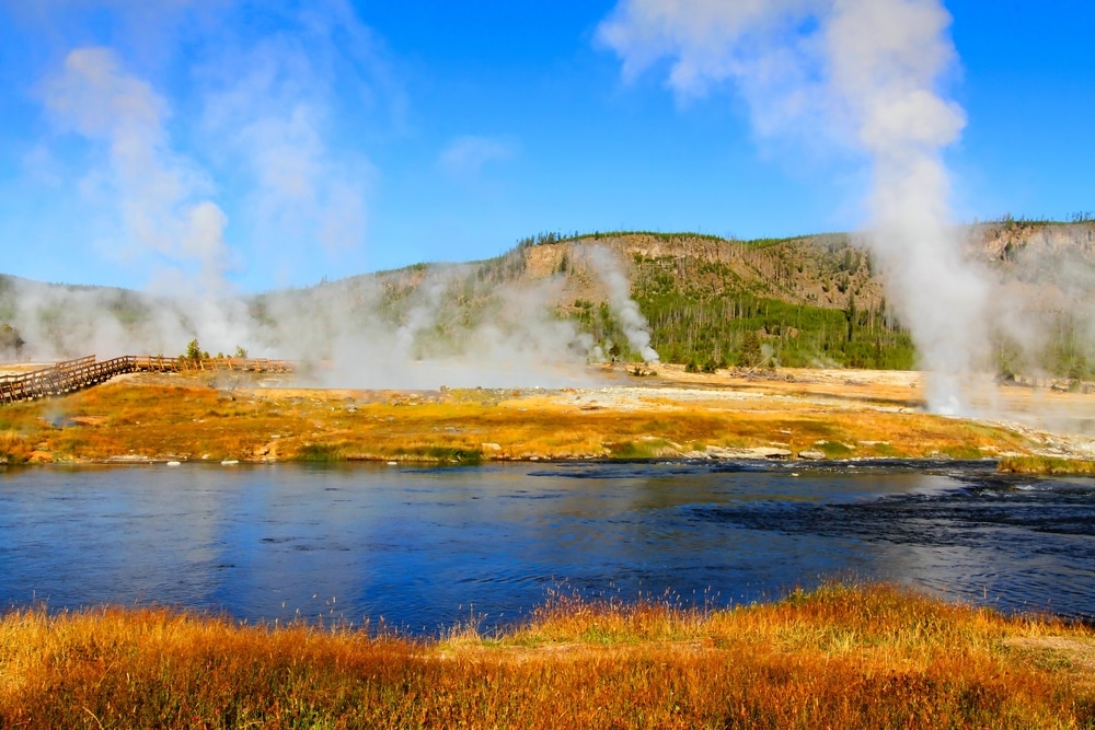 Biscuit,Basin,In,Yellowstone,National,Park,With,Steam,Rising